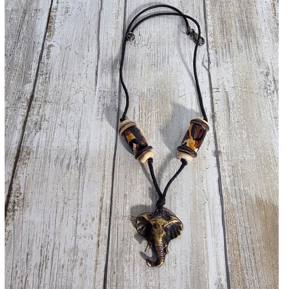 unbraned Jewelry - Bronze Elephant Pendant Necklace Boho Animal Print Beads Black Cord Jewelry